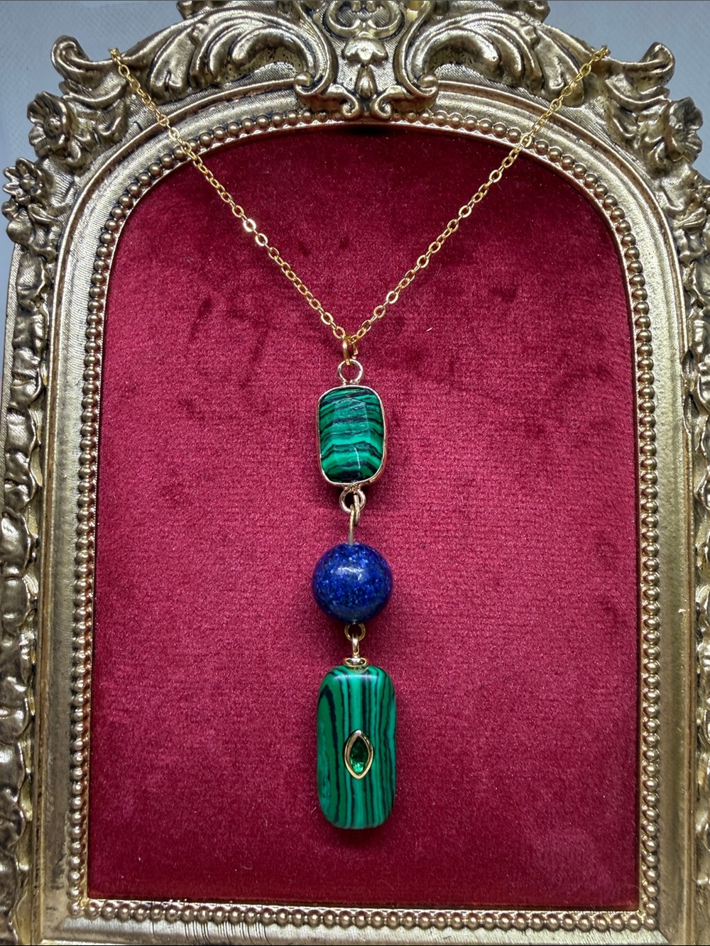 Malachite Lapis Necklace 18K Gold Plated OOAK Dopamine Jewelry 16” chain